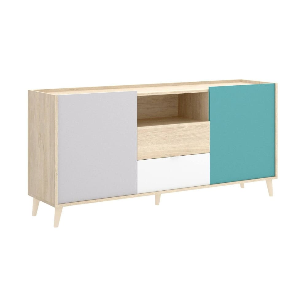 Buffet RAINIER blanc et chêne 2 portes 2 tiroirs et niche 155 cm
