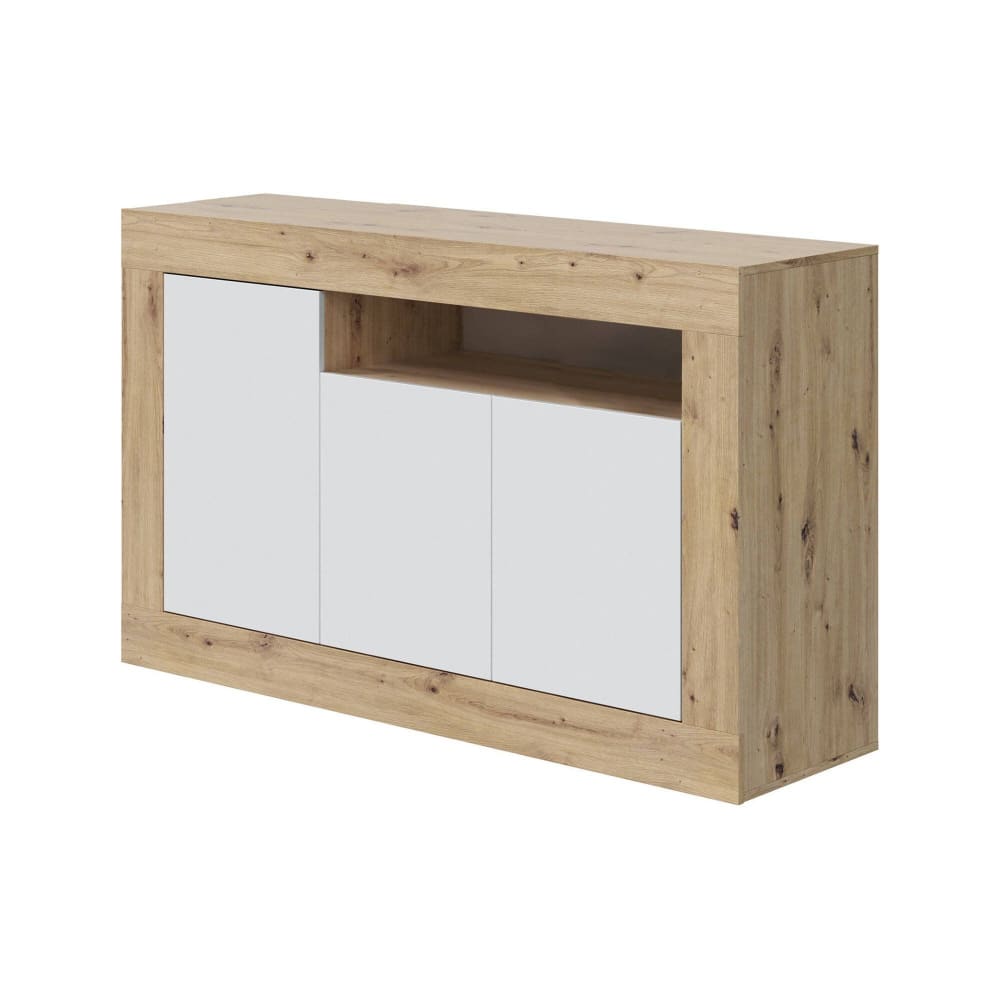 Buffet enfilade ILIZIA chêne et blanc 144 cm avec 3 portes et niche
