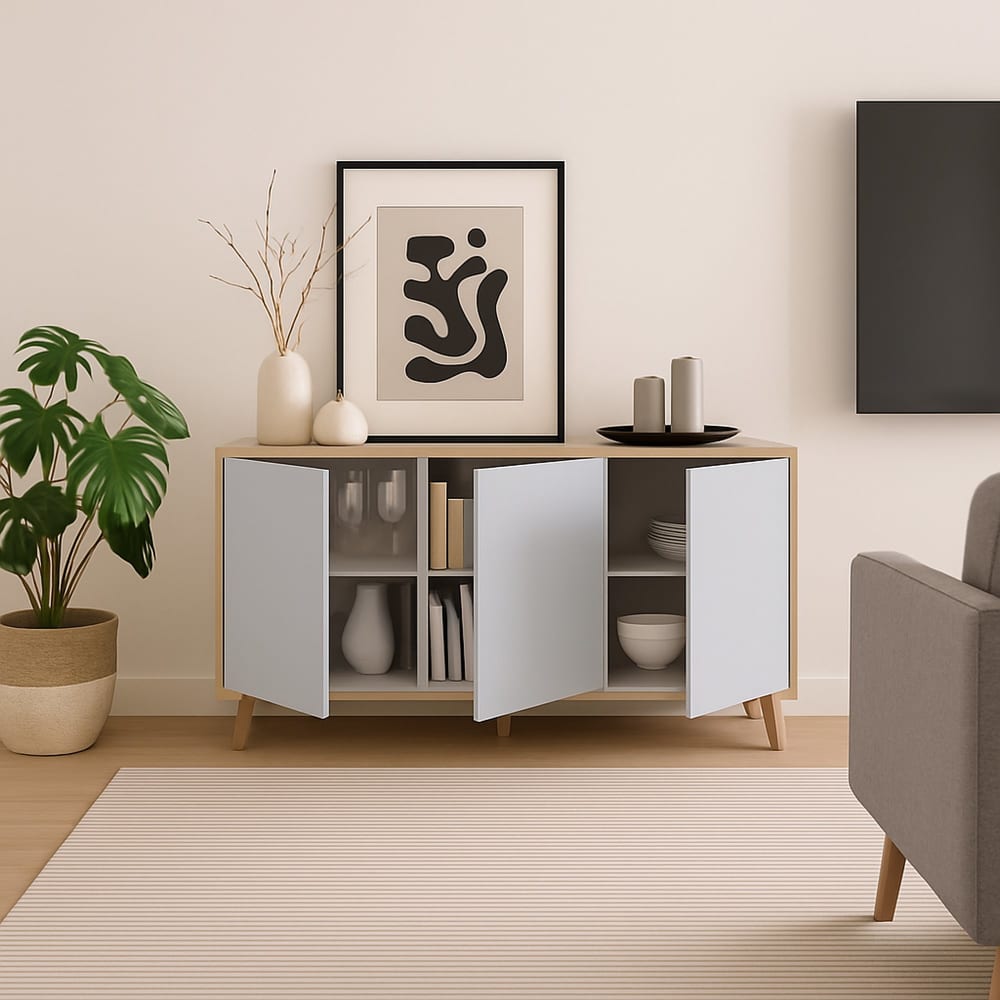 Détail de la façade beige et blanche du buffet AMBIL