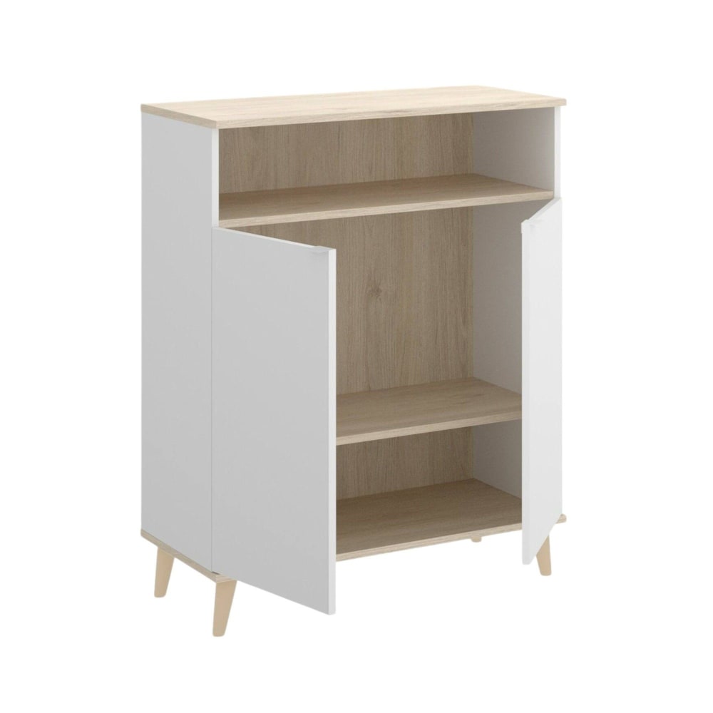 Petit buffet haut VARATELLA blanc et chêne 2 portes avec niche 80 cm