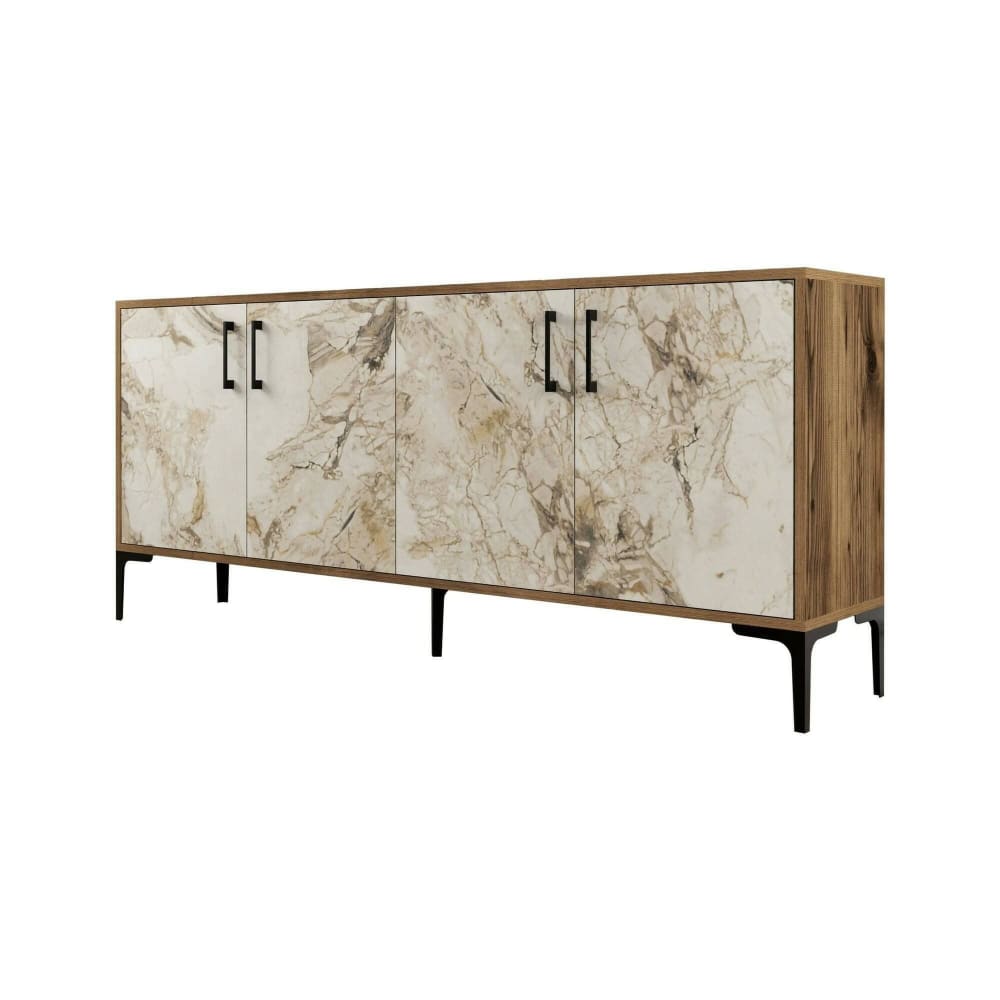 Grand buffet AGAPE effet noyer et marbre blanc 180 cm