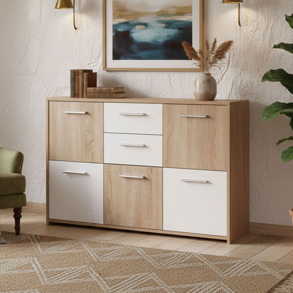 Détail du damier blanc et chêne du buffet DMORA