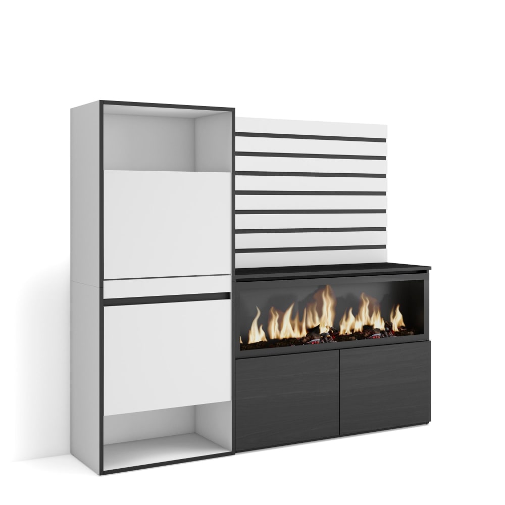 Buffet haut COZY blanc et noir 167 cm avec cheminée effet feu XXL