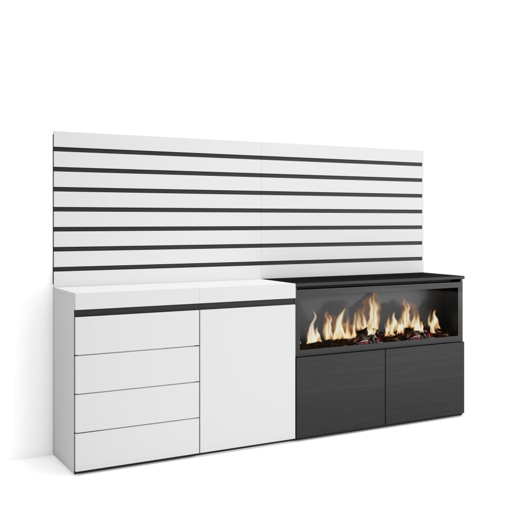 Grand buffet mural COZY blanc et noir 214 cm avec cheminée effet feu