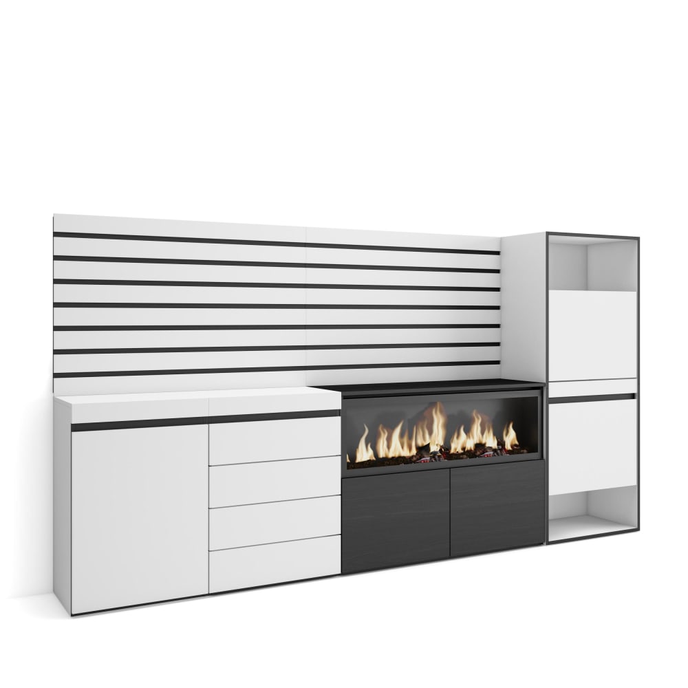 Composition murale COZY blanche et noire de 274 cm avec cheminée LED