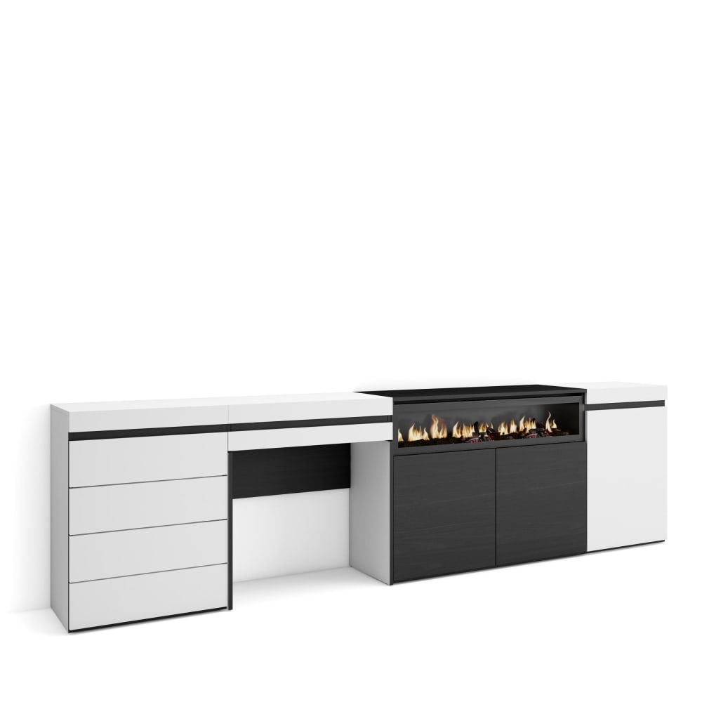 Très grand buffet COZY blanc et noir 277 cm avec cheminée LED et commode