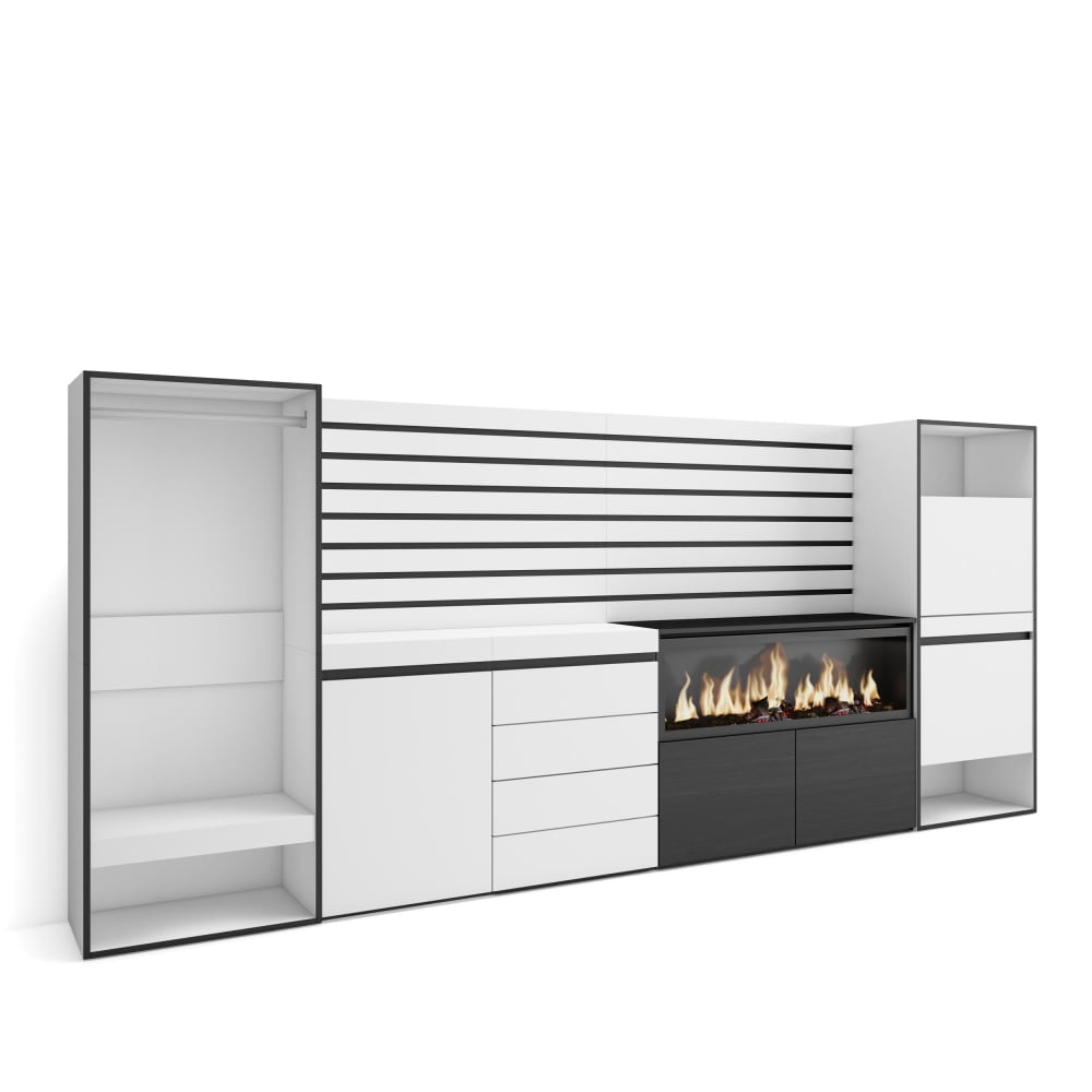 Grand buffet mural COZY blanc et noir 334 cm avec cheminée LED
