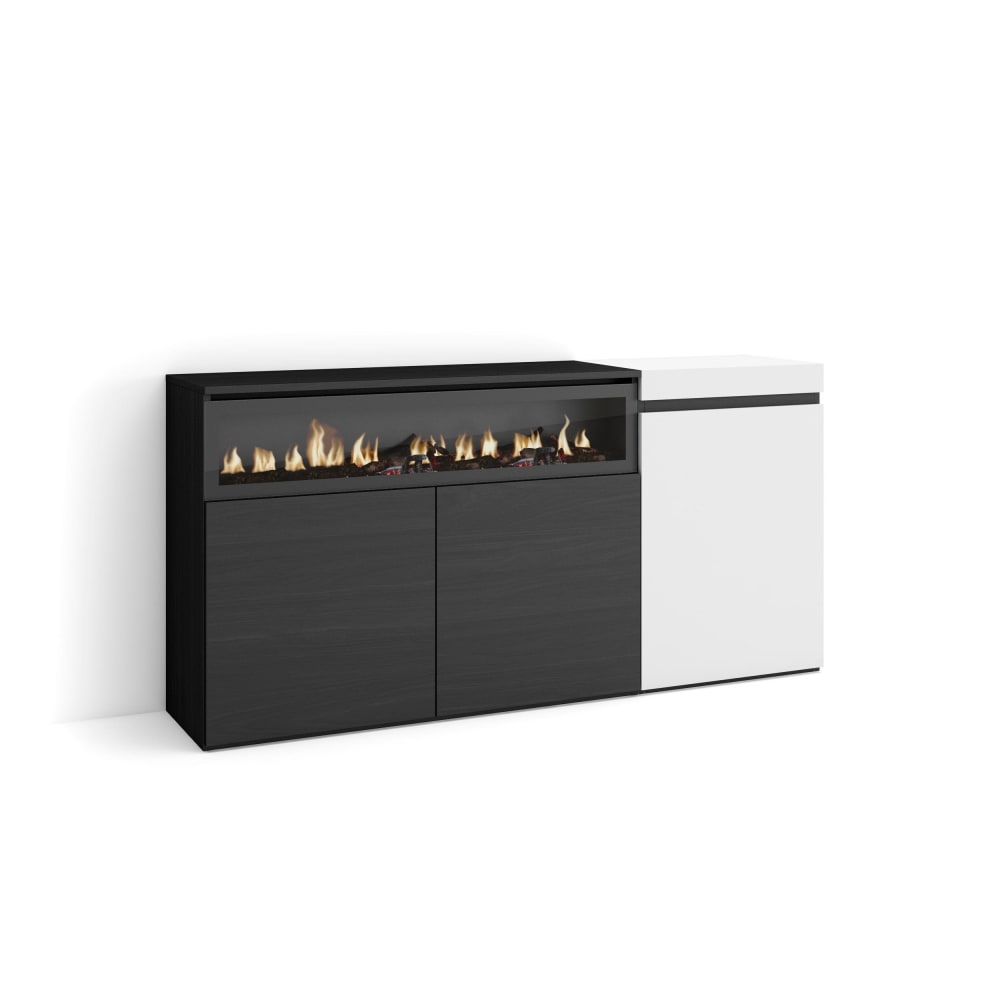 Buffet COZY blanc et noir 150 cm avec cheminée électrique LED