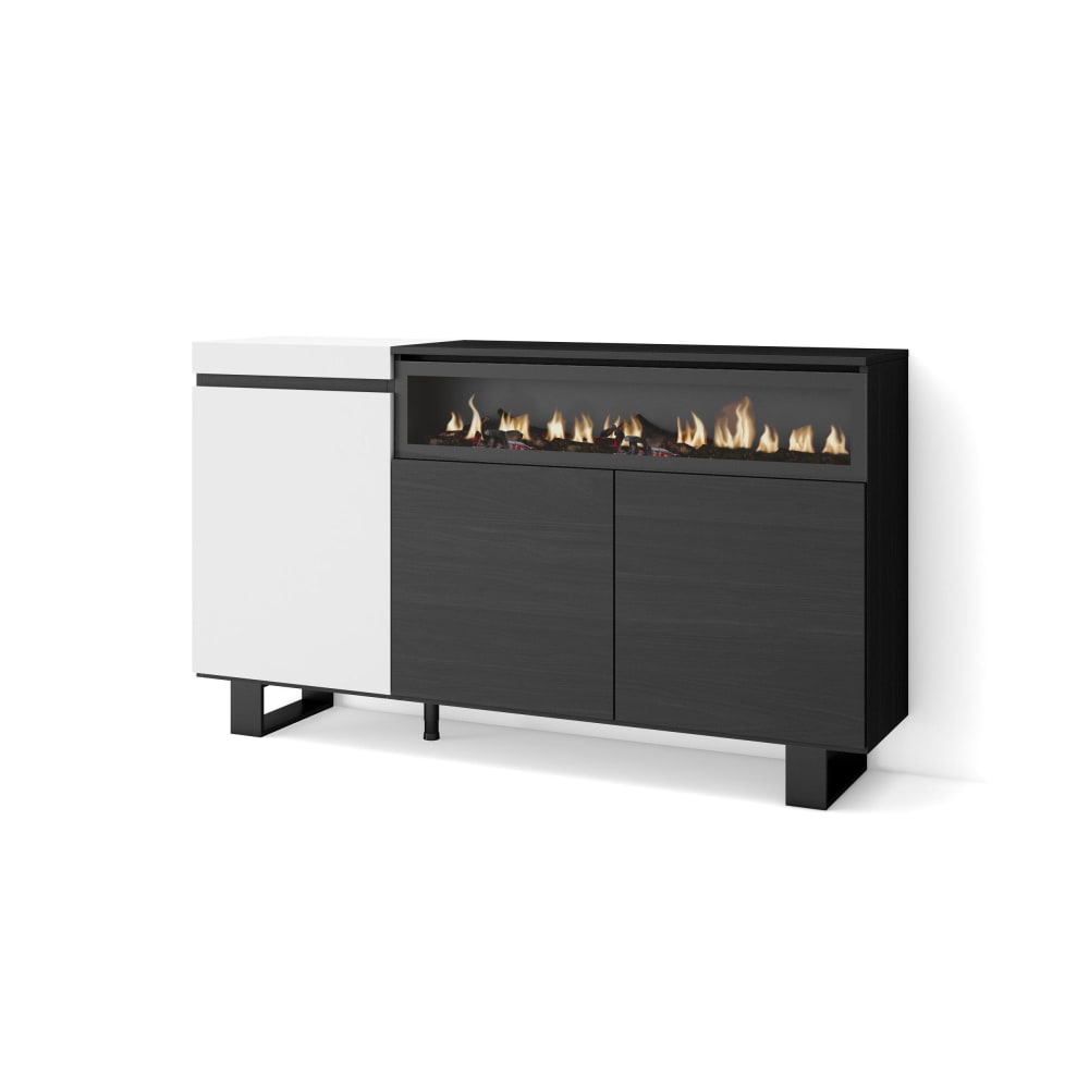 Buffet COZY blanc et noir 150 cm sur pieds métal avec cheminée LED