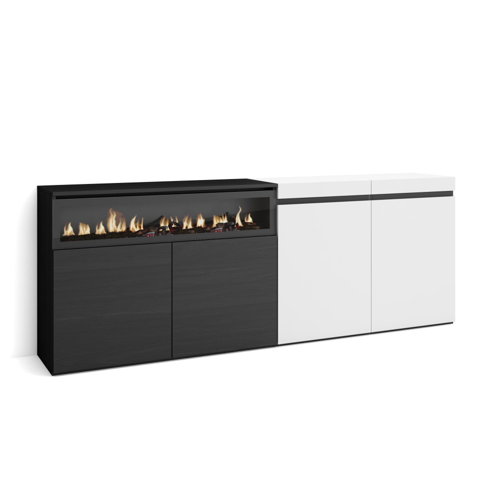 Buffet COZY blanc et noir 200 cm avec cheminée LED