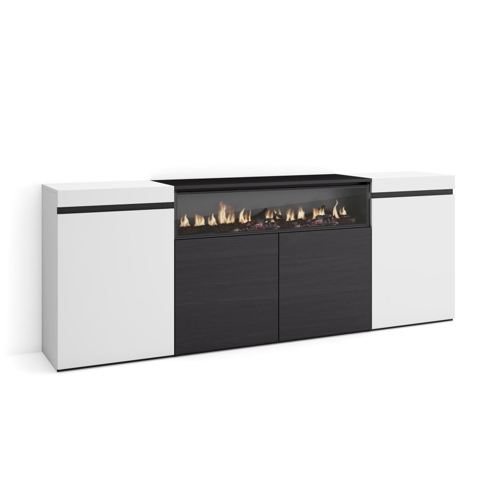 Grand buffet COZY blanc et noir 200 cm avec foyer LED et 3 portes