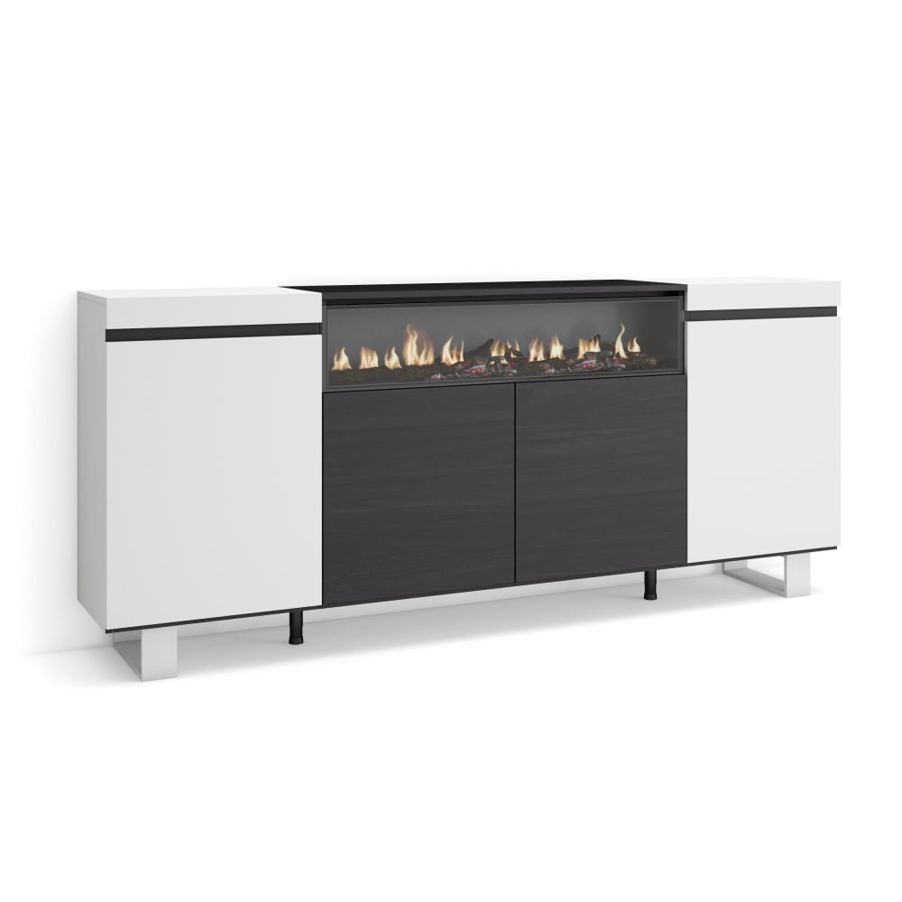Buffet enfilade COZY blanc et noir 200 cm avec cheminée effet feu
