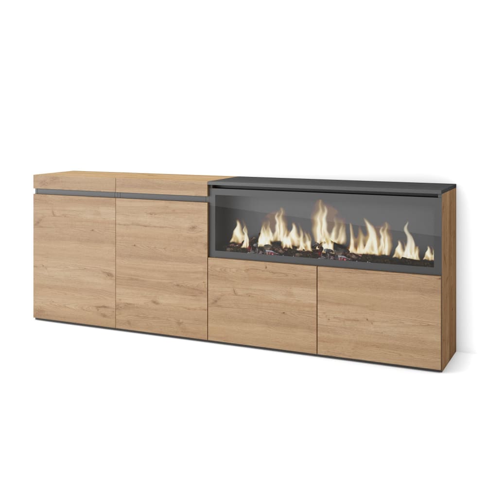 Buffet COZY effet chêne et noir 208 cm avec cheminée LED