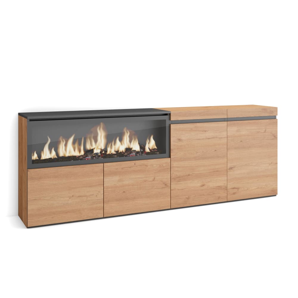 Buffet bahut COZY effet chêne 208 cm avec cheminée effet feu XXL