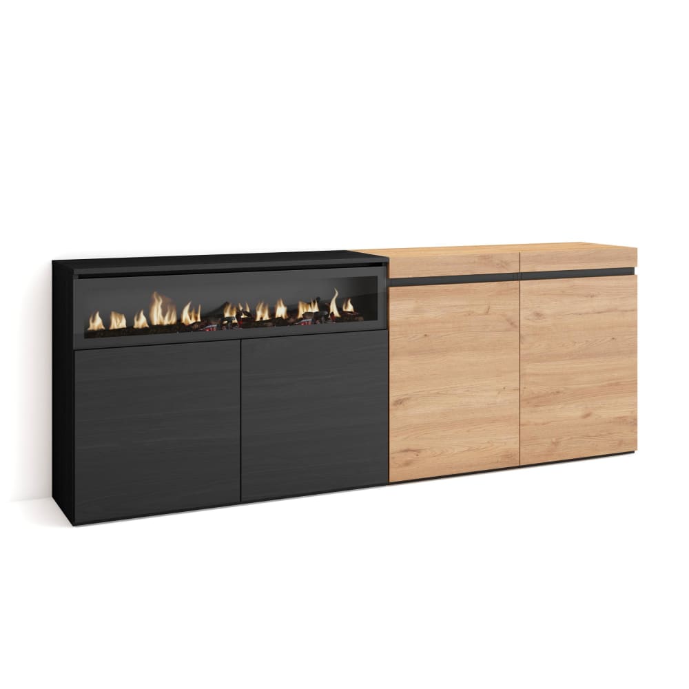 Buffet COZY effet chêne et noir 200 cm avec cheminée LED