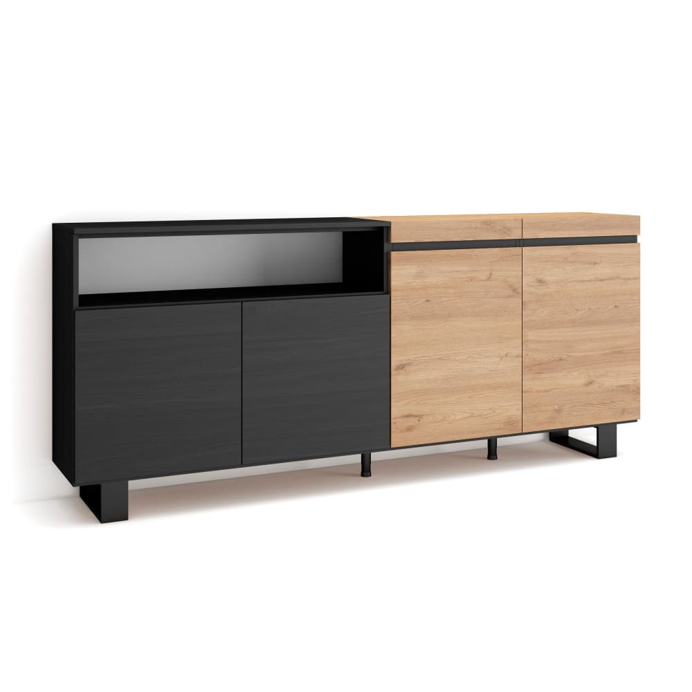 Buffet COZY effet chêne et noir 200 cm sur piètement métal