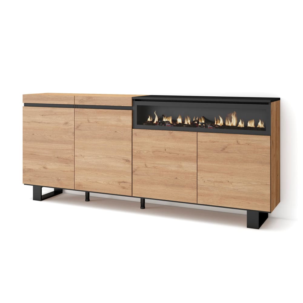 Grand buffet COZY chêne et noir 200 cm avec cheminée effet feu