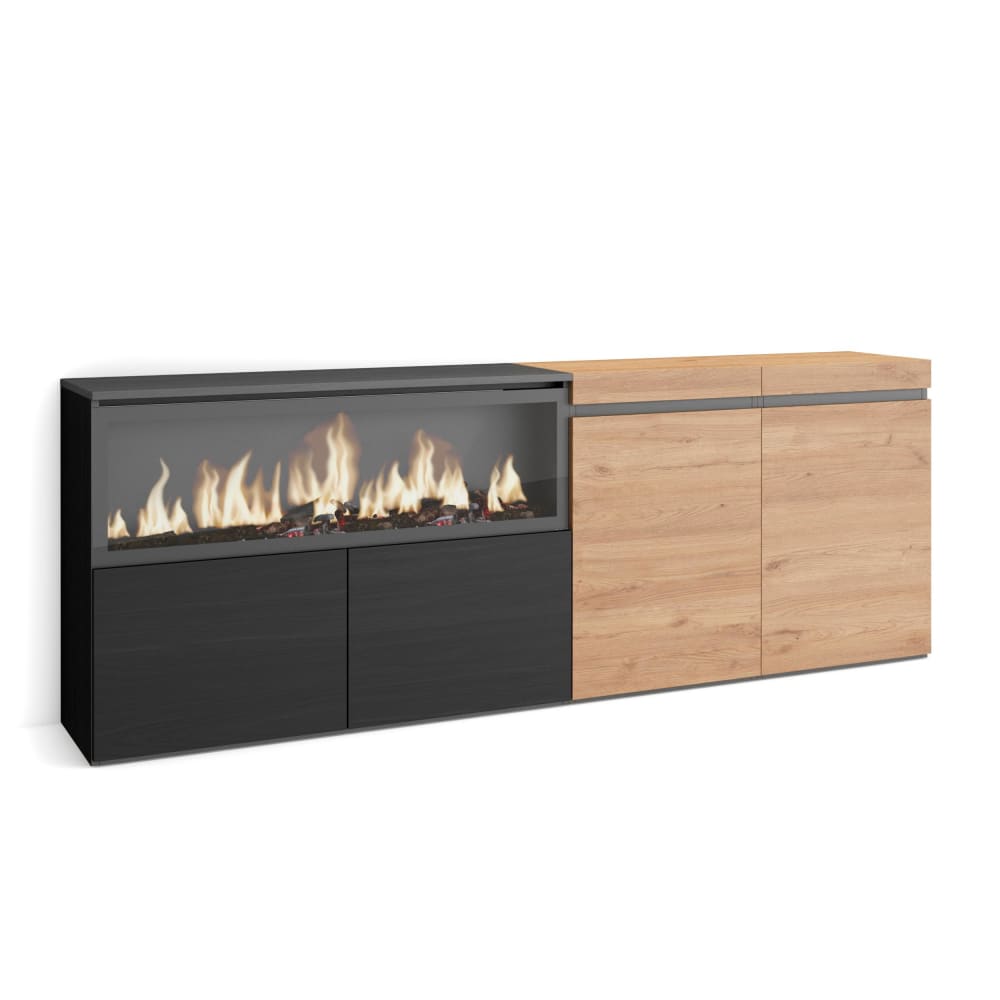 Buffet bahut COZY effet chêne et noir 208 cm avec cheminée XXL