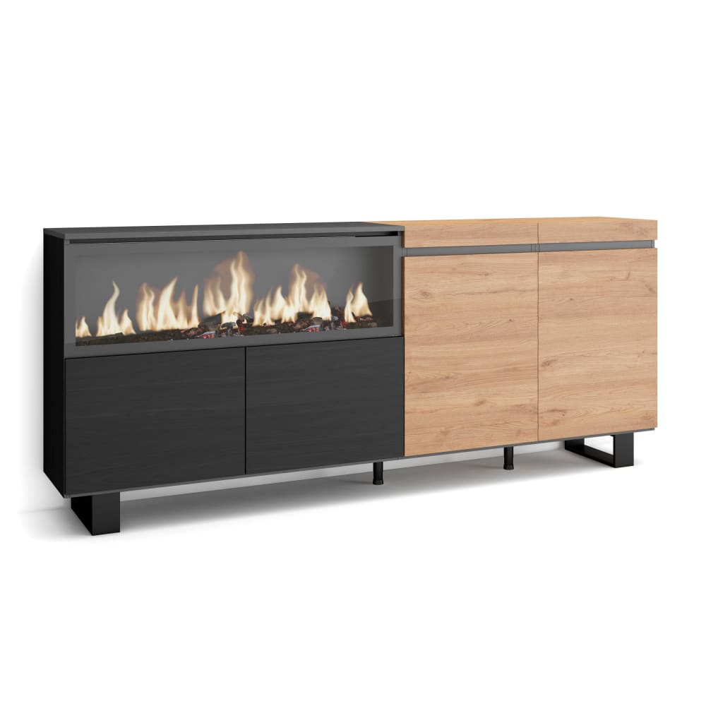Buffet enfilade COZY effet chêne et noir 208 cm sur pieds métal