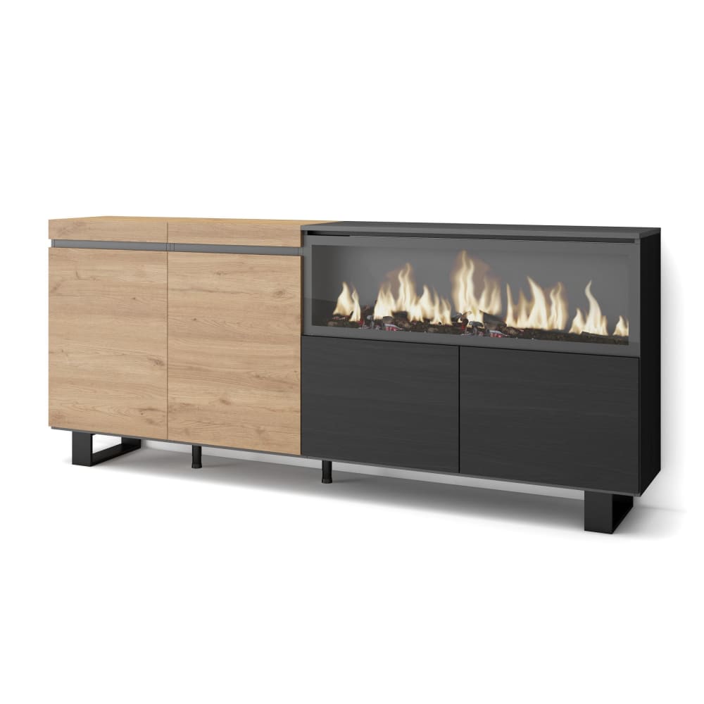 Buffet de rangement COZY chêne et noir 208 cm sur pieds métal