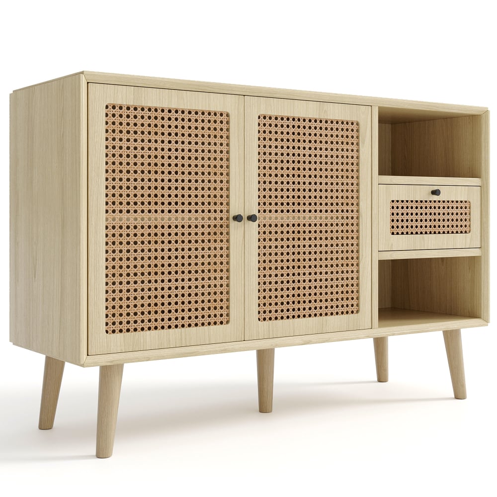 Buffet URBAN MEUBLE effet chêne et rotin 120 cm avec 2 portes et 1 tiroir
