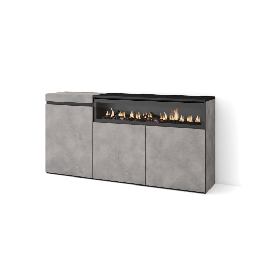 Buffet COZY effet ciment et noir 150 cm avec cheminée LED