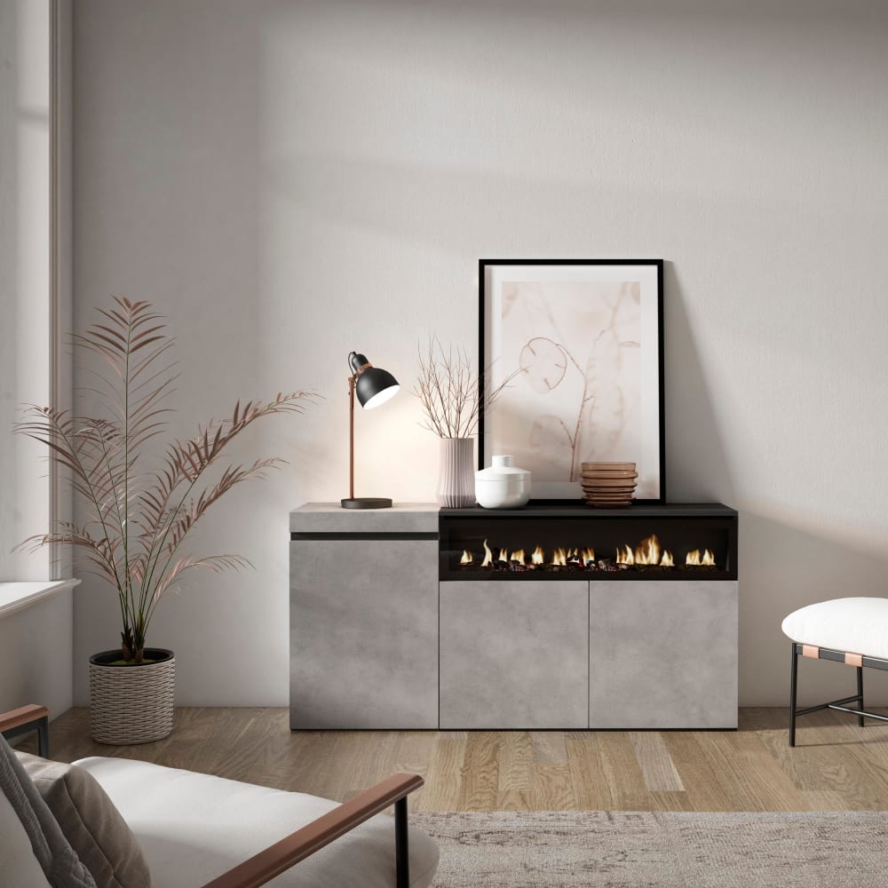 Détail de la finition effet ciment du buffet COZY
