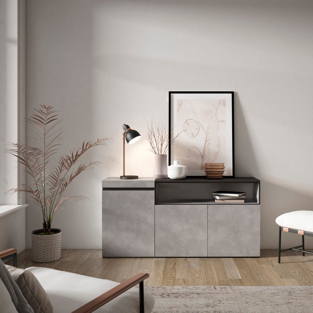 Détail de la finition ciment du buffet COZY