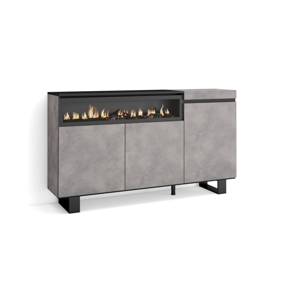 Buffet COZY effet ciment 150 cm cheminée LED et pieds métal