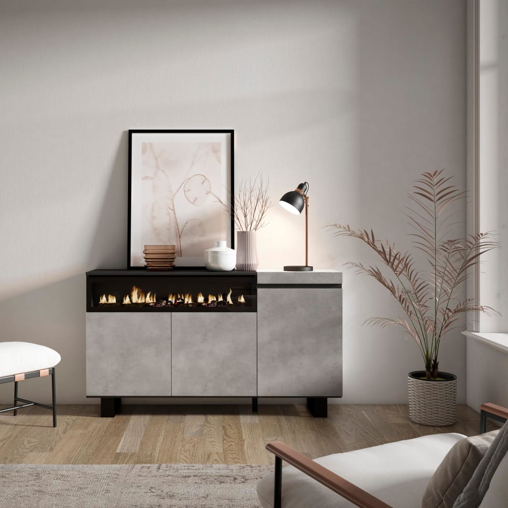 Détail du foyer et des pieds du buffet COZY