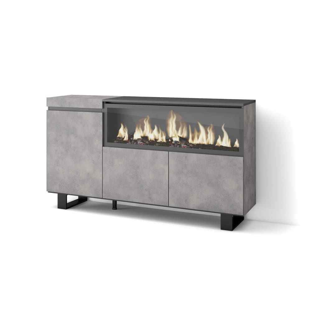 Buffet COZY effet ciment 158 cm avec cheminée XXL et pieds métal