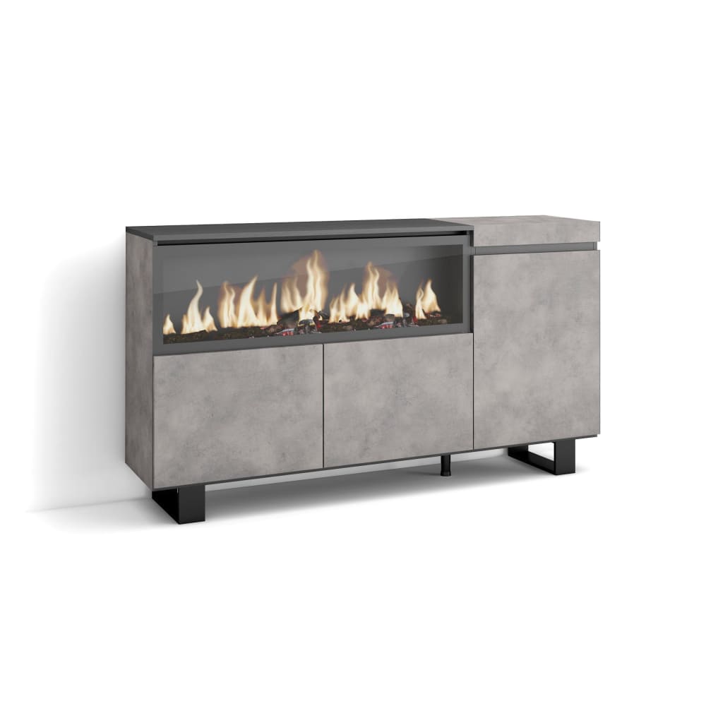 Buffet COZY effet ciment 158 cm avec cheminée LED et pieds