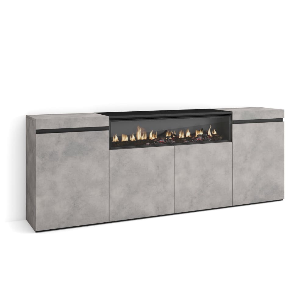 Grand buffet COZY effet ciment et noir avec cheminée 200 cm