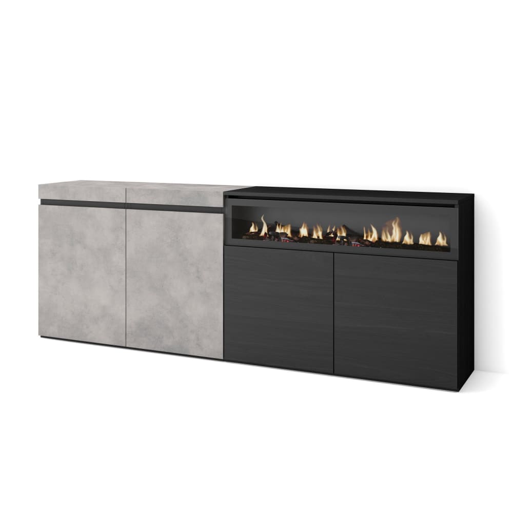 Buffet COZY effet ciment et noir 200 cm avec cheminée LED