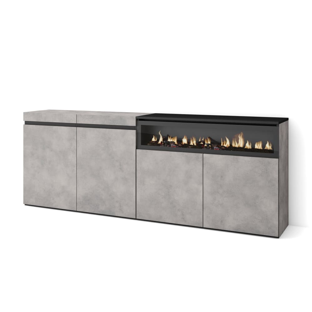 Buffet bahut COZY effet ciment 200 cm avec cheminée effet feu