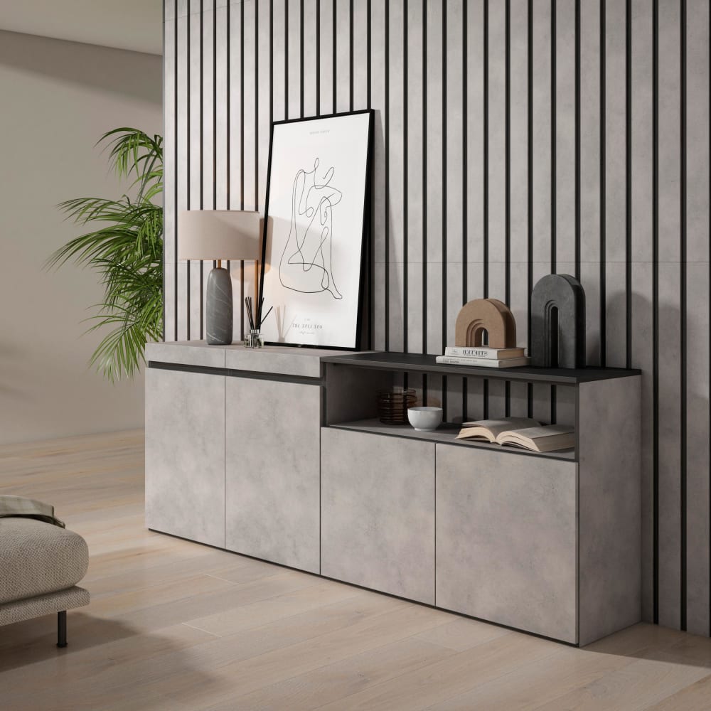 Détail de la finition effet ciment du buffet COZY