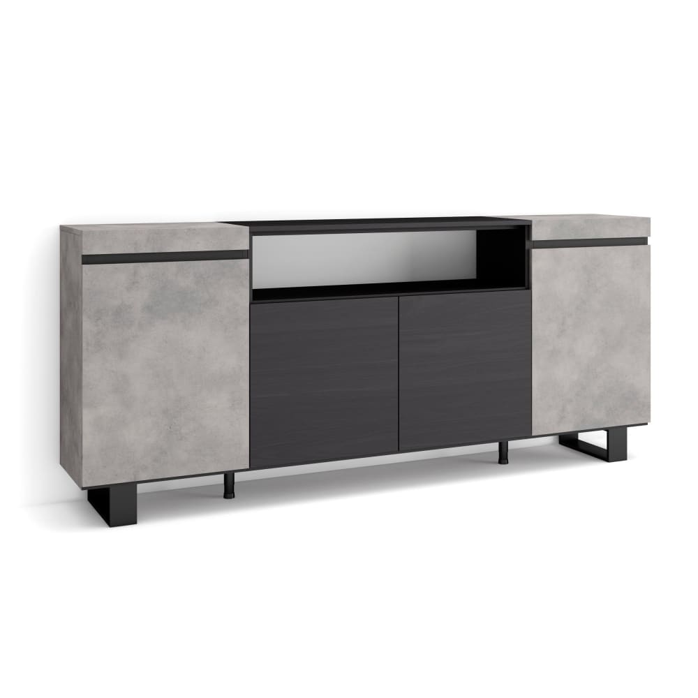 Buffet enfilade COZY effet ciment et noir 200 cm sur pieds métal