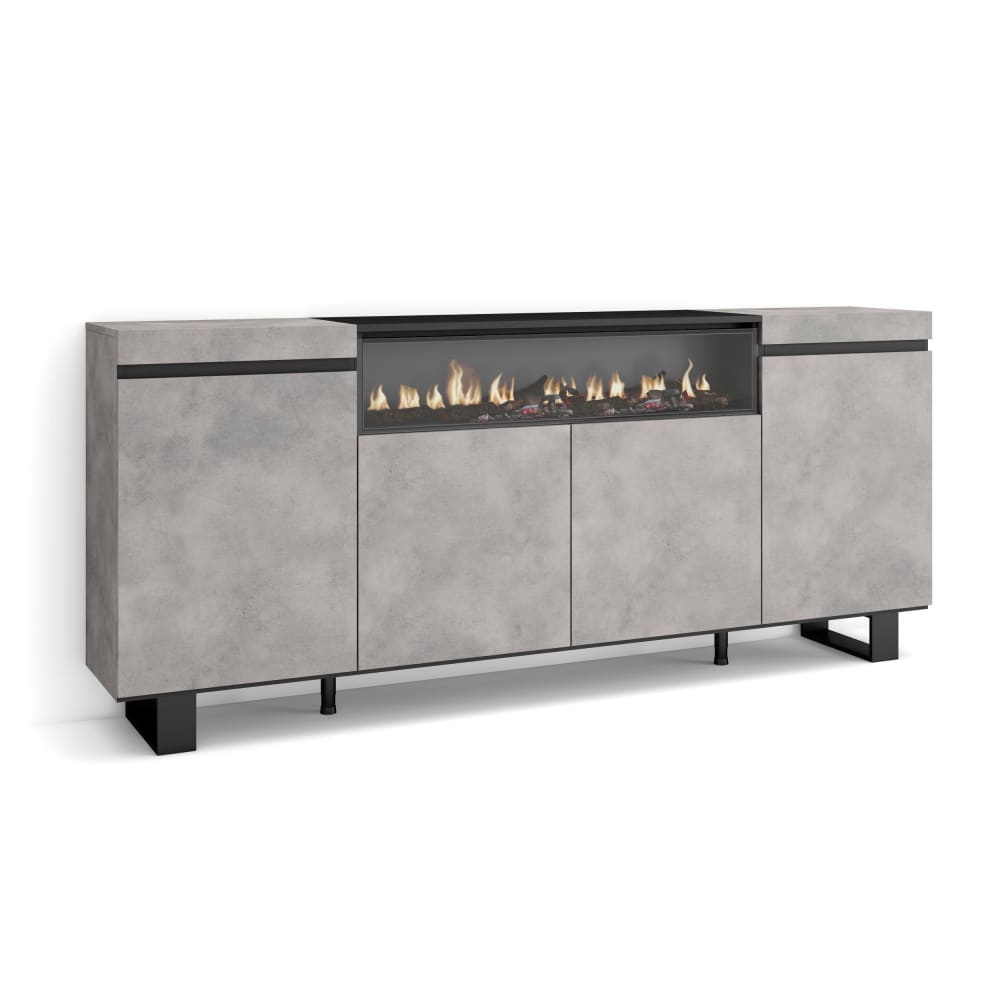 Grand buffet COZY effet ciment 200 cm avec cheminée LED et pieds
