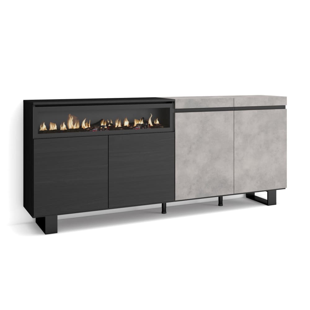 Grand buffet COZY effet ciment 200 cm avec cheminée LED