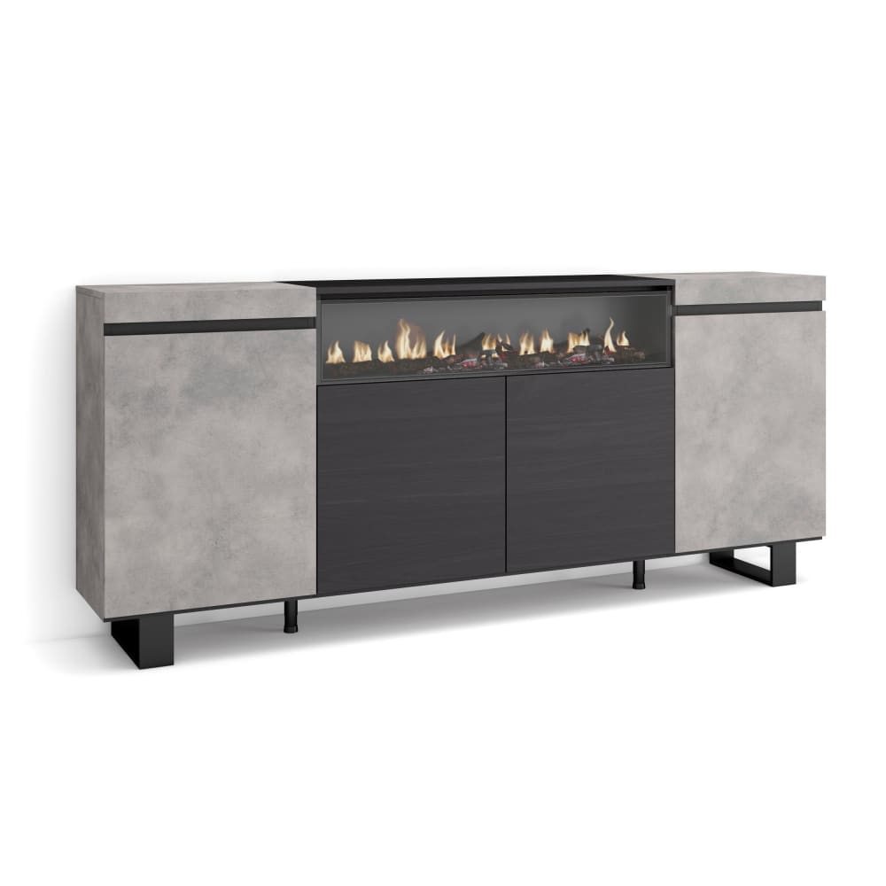 Grand buffet COZY effet ciment avec cheminée LED 200 cm