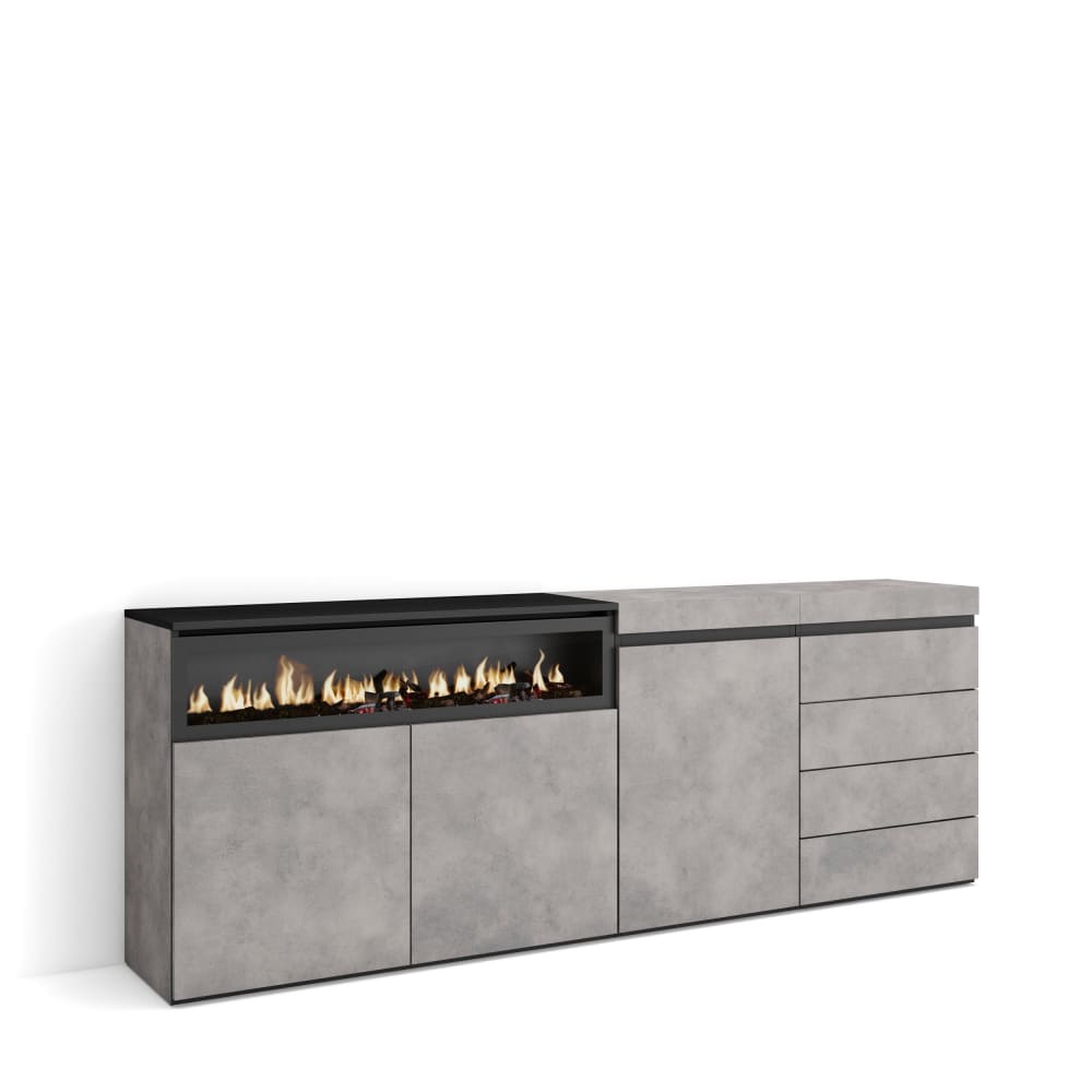 Buffet enfilade COZY effet ciment 207 cm avec tiroirs et foyer LED