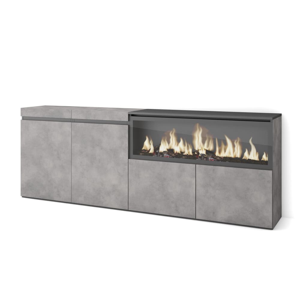 Buffet COZY effet ciment et noir 208 cm avec cheminée LED
