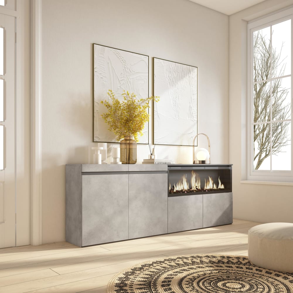 Détail de la finition ciment du buffet COZY