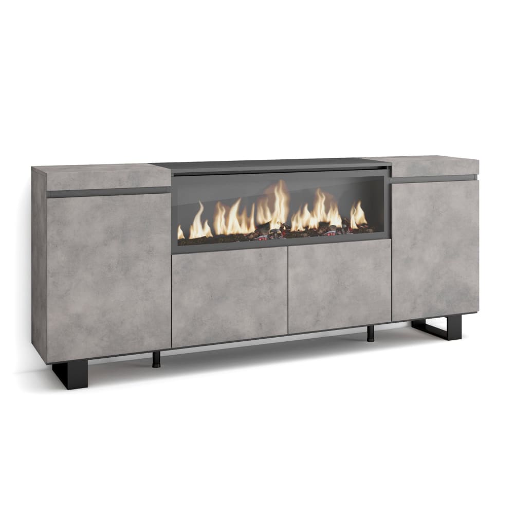 Buffet XXL COZY effet ciment 208 cm avec cheminée LED et pieds