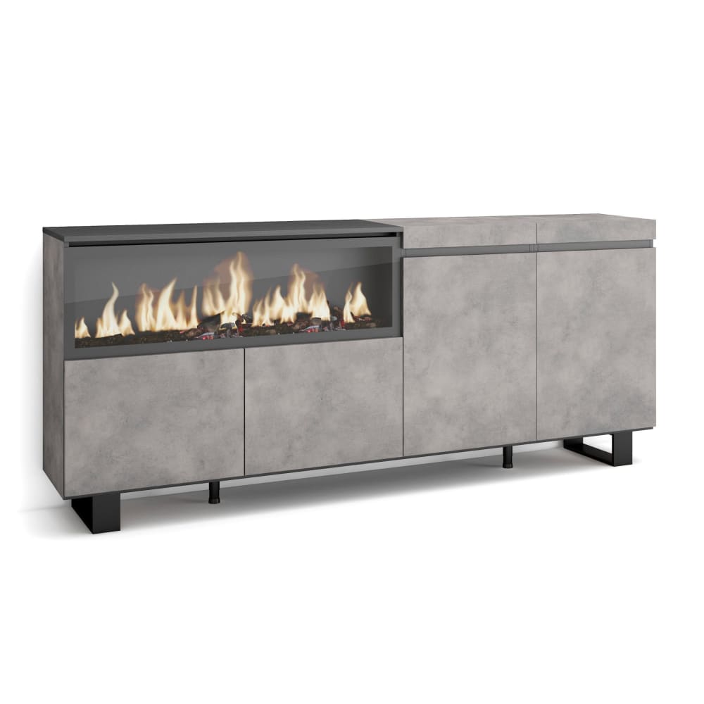 Grand buffet COZY effet ciment 208 cm avec cheminée effet feu XXL