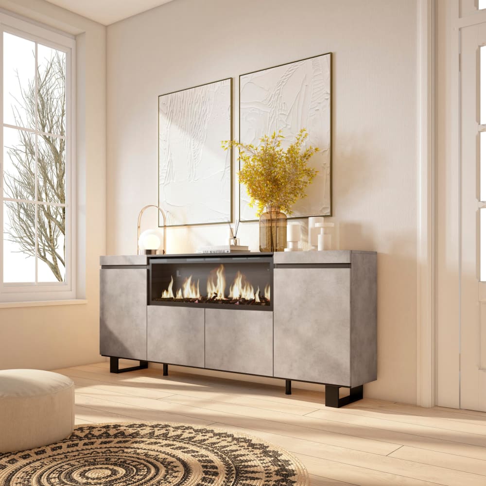Détail de la finition ciment du buffet COZY