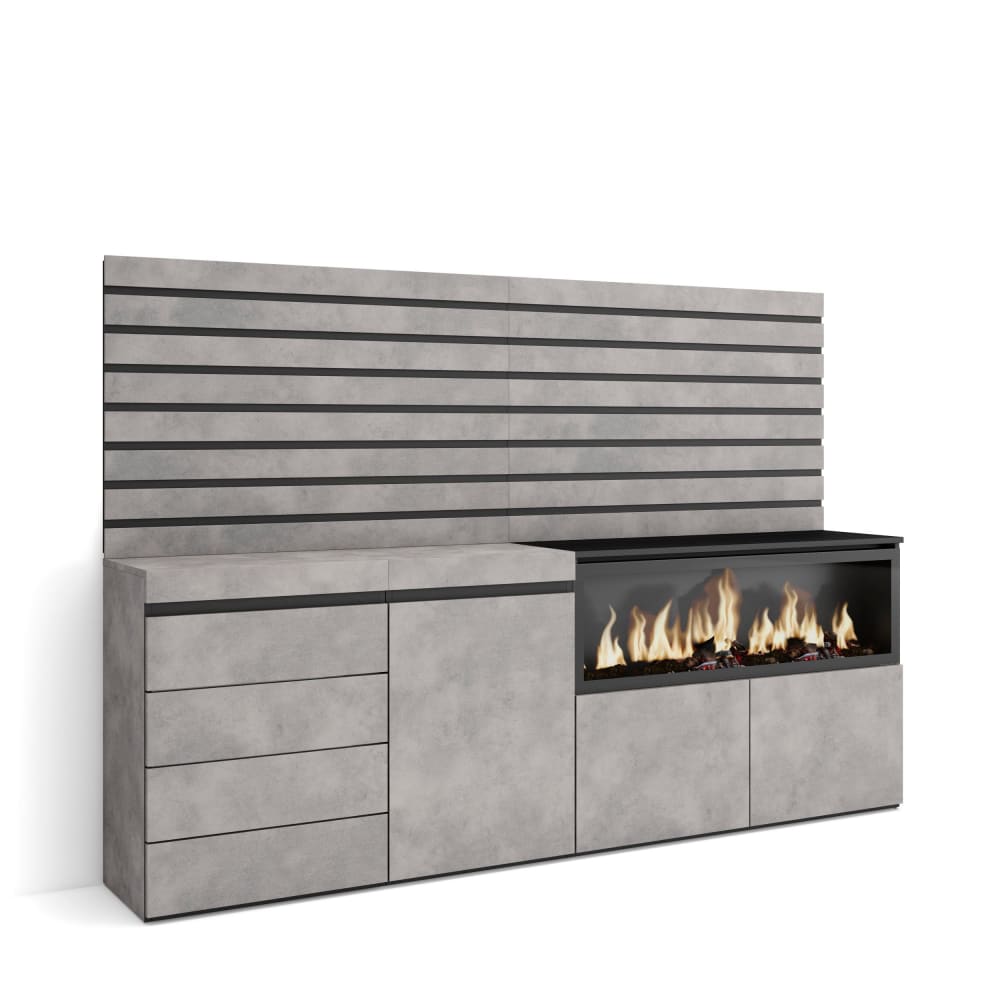 Grand buffet mural COZY effet ciment 214 cm avec cheminée XXL