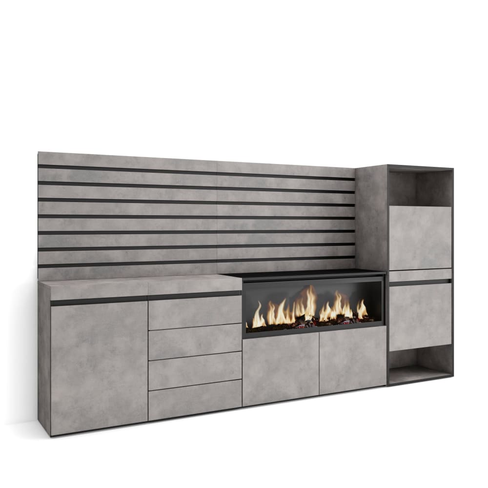 Grand buffet mural COZY effet ciment 274 cm avec cheminée XXL