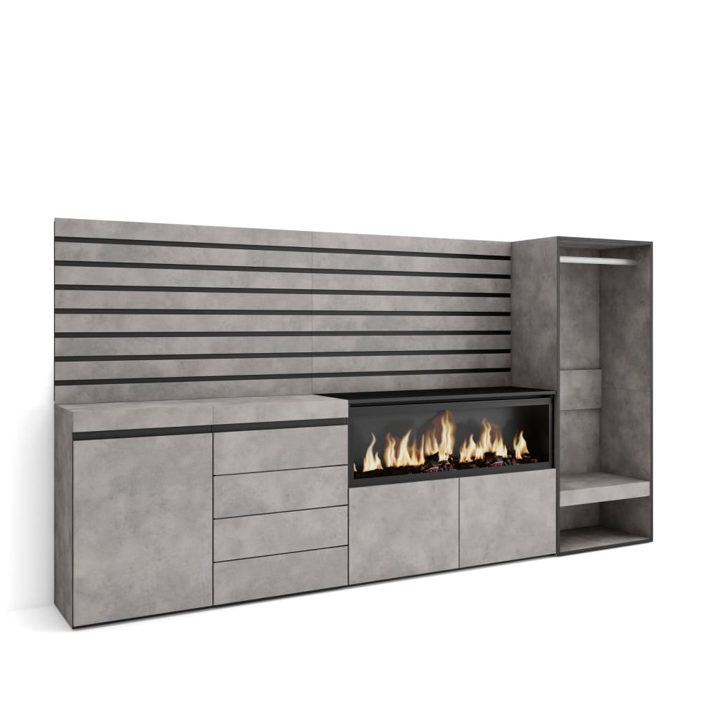 Composition murale COZY effet ciment 274 cm avec cheminée LED