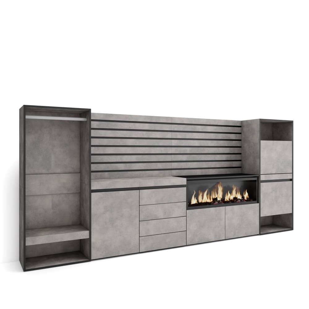 Composition murale COZY effet ciment et noir de 334 cm avec cheminée LED